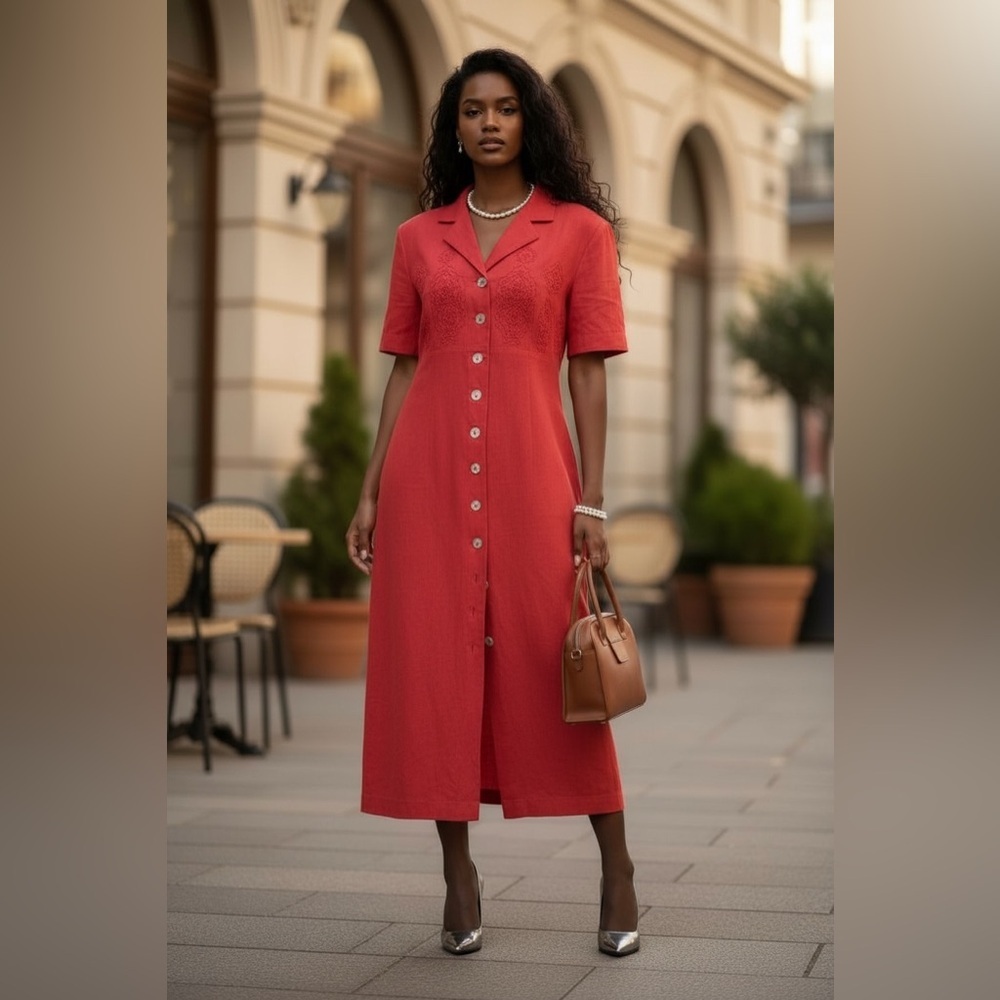 Elegant Red Button-Down Dress☑️ - Picture 2 of 13